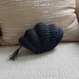 Kayu Jane Seashell Rattan Clutch in Navy